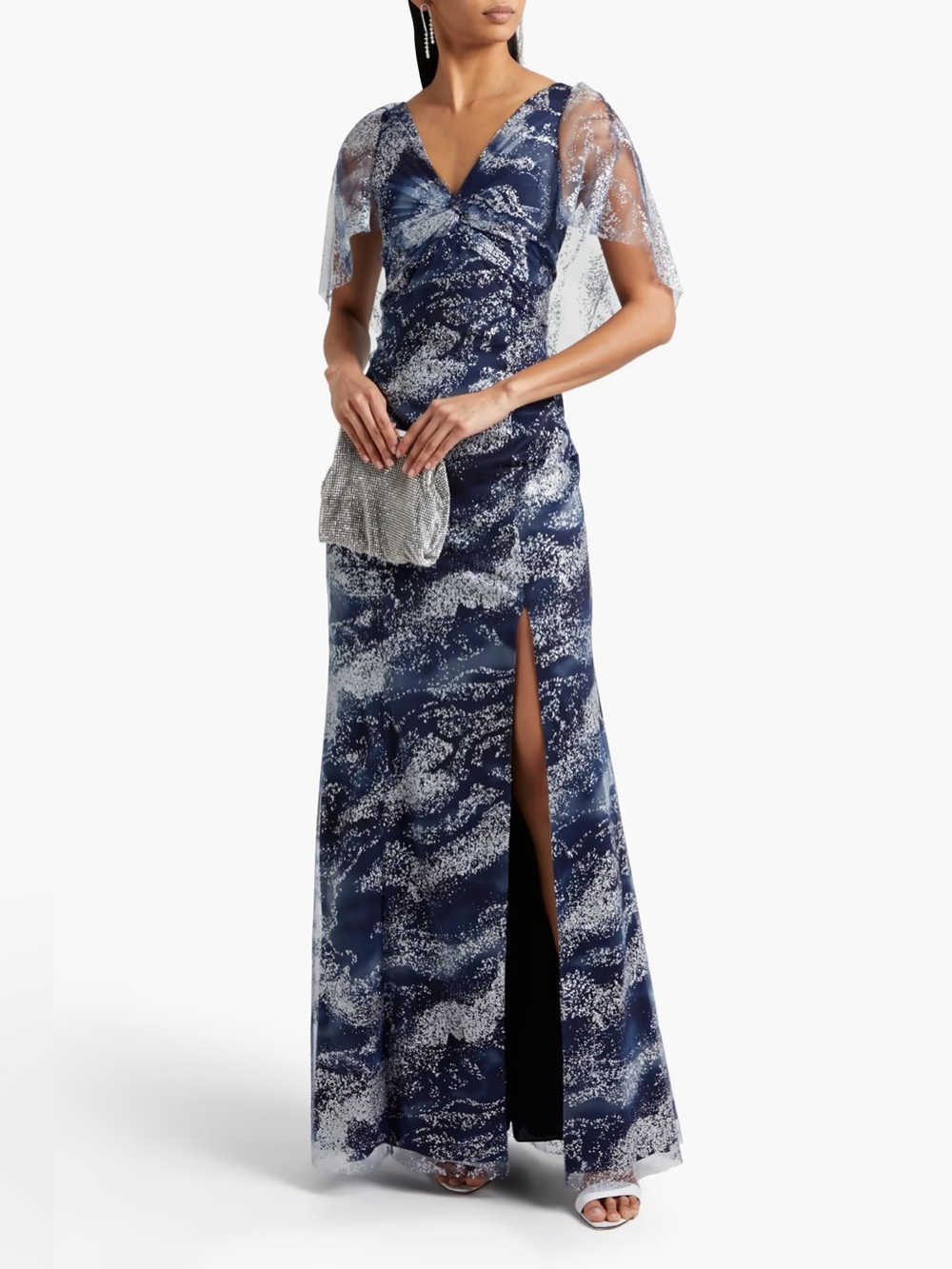 Marchesa Notte Navy Blue Twist Front Glitter Printed Tulle Gown Size 6